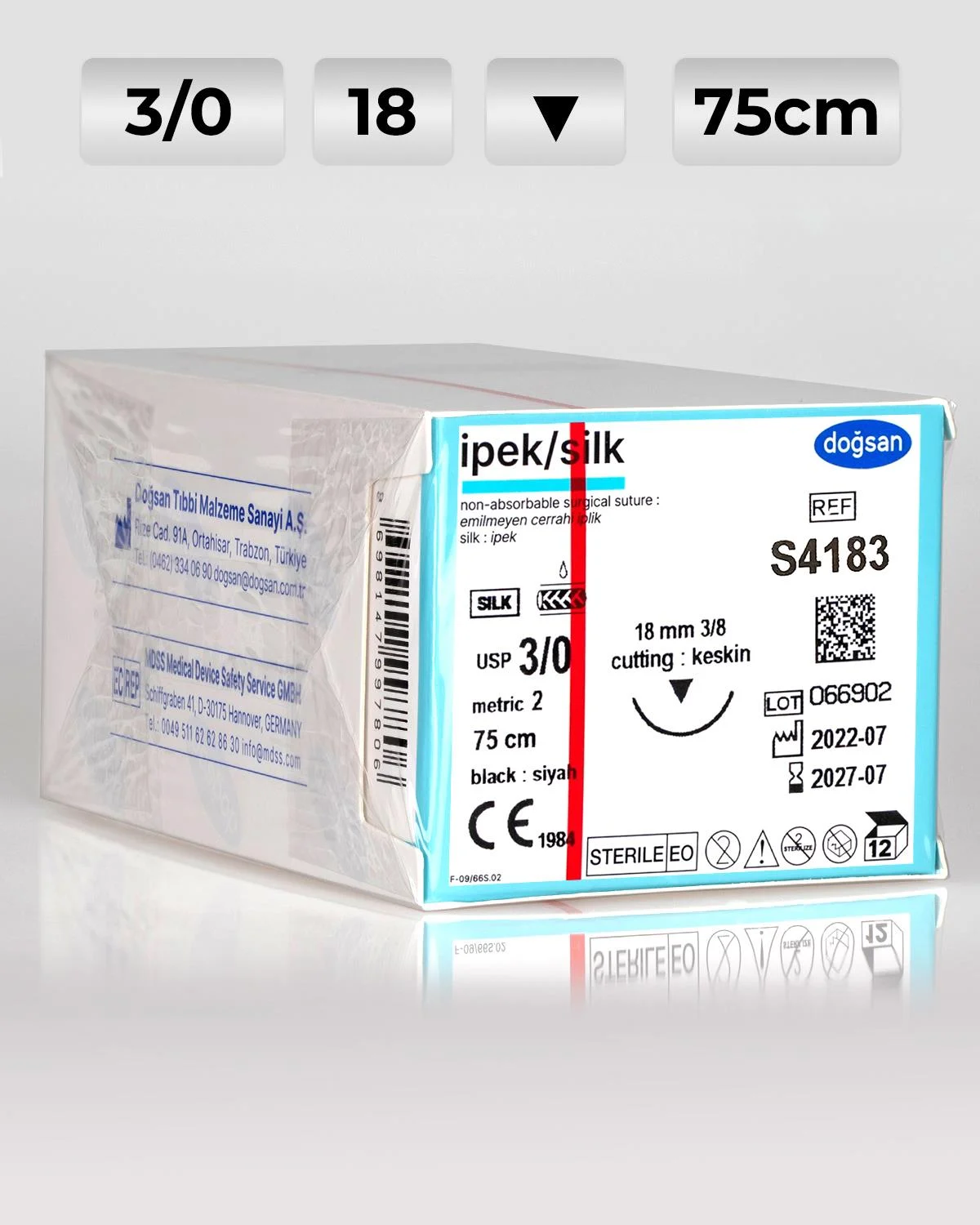 Doğsan İpek 3/0 18 3/8 Keskin 75cm İpek Emilemeyen Sütür 12 Ad./Pkt